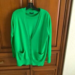 LADIES J. CREW EMERALD GREEN MERINO WOOL TWIN SET WITH LONG CARDIGAN SZ XL
